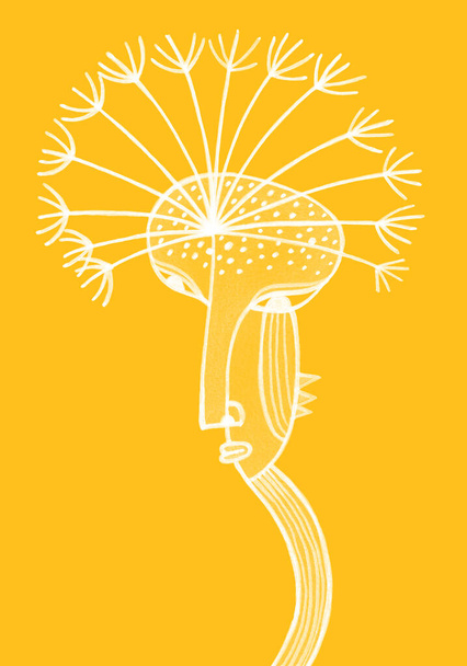 Zeichnung eines Löwenzahngeistes. Weiße Linie Kunst Blume auf gelbem Hintergrund. Helle sonnige märchenhafte florale Illustration. - Foto, Bild