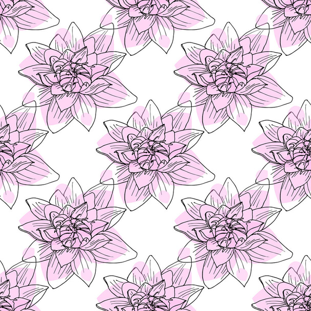 Hand drawn Lotus flower seamless pattern. Drawn black outline and abstract pink spots on a white background. Floral beautiful background in sketch style. Design for fabric, Wallpaper, wrapping paper - Wektor, obraz