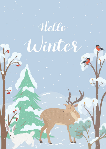 Hello winter. Card with winter forest and forest animals - Vektor, obrázek