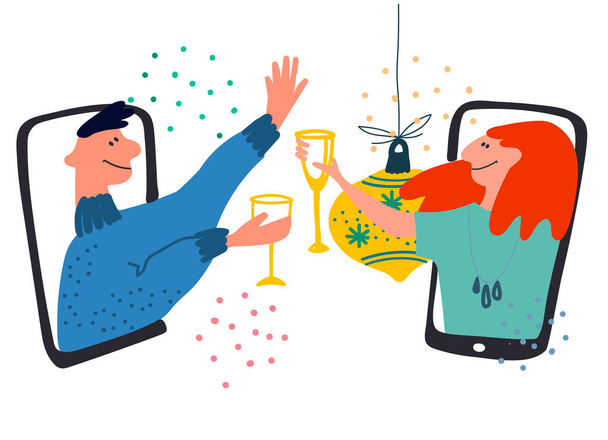 Онлайн празднование, удаленная вечеринка. Молодые люди поднимают бокалы через экраны телефонов. Самоизоляция во время Ковид-19 - Вектор,изображение