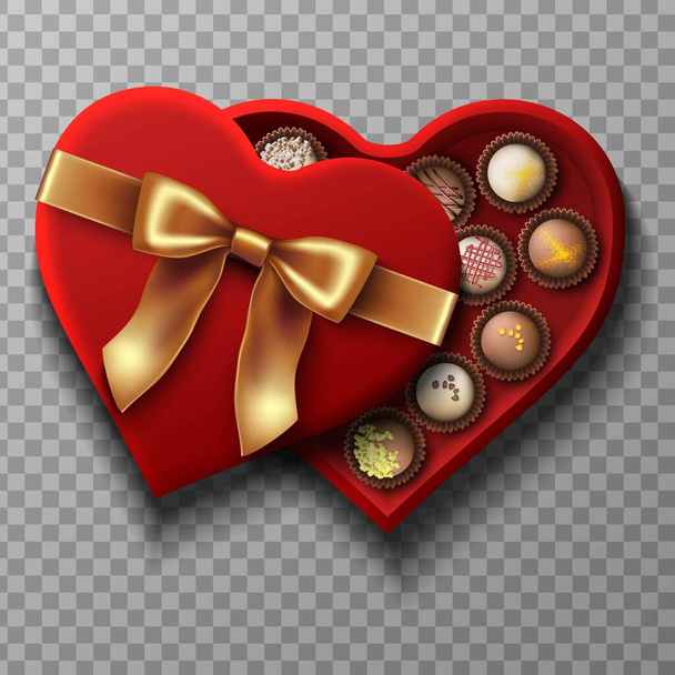 Boîte ouverte en velours rouge vecteur 3D réaliste avec noeud doré en forme de cœur avec collection de différents bonbons au chocolat noir et blanc. Isolée icône d'illustration. Vue du dessus. - Vecteur, image