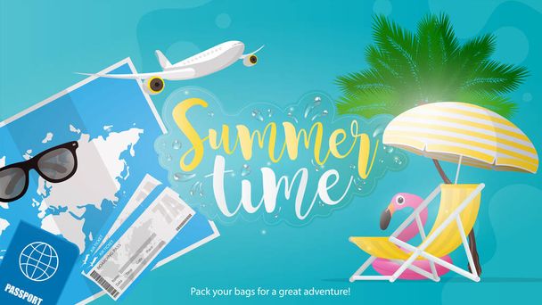 夏時間だ。バナーは青です。世界地図、サングラス、飛行機のサムネイル、ビーチデッキチェアと傘。ピンクのフラミンゴの形をしたインフレータブルサークル。ベクターイラスト. - ベクター画像