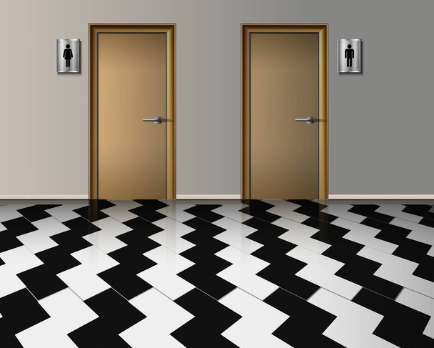 Vektorový realistický interiér veřejné toalety ženského a mužského vchodu s dřevěnými dveřmi a s dlážděnou podlahou - Vektor, obrázek