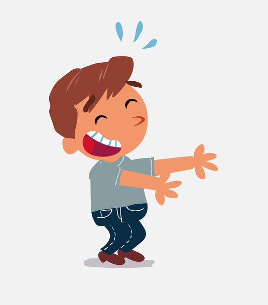 Zeichentrickfigur eines kleinen Jungen in Jeans lacht viel, während er etwas zeigt - Vektor, Bild