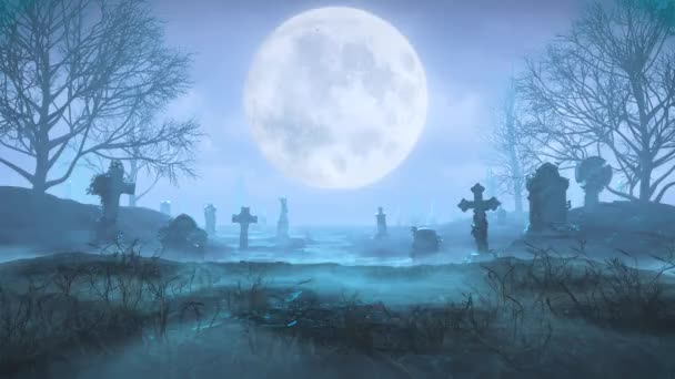 Zombie hand c met een houten plaquette 's nachts uit de grond tegen de achtergrond van de maan op het kerkhof - Video