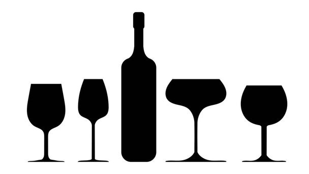 Ensemble d'icônes en verre de vin sur fond blanc. Bouteille de silhouette vectorielle. - Vecteur, image