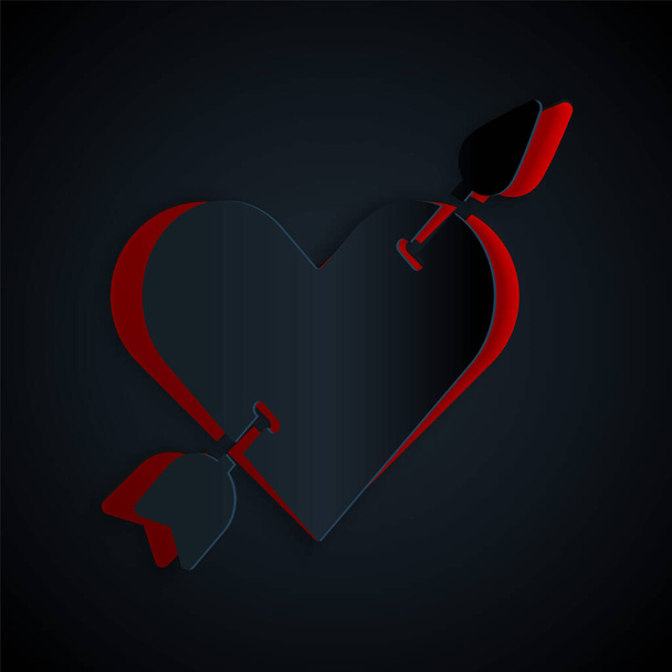 Papiergeschnittenes Amour-Symbol mit Herz und Pfeil-Symbol isoliert auf schwarzem Hintergrund. Liebeszeichen. Valentinssymbol. Papierkunst. Vektor. - Vektor, Bild