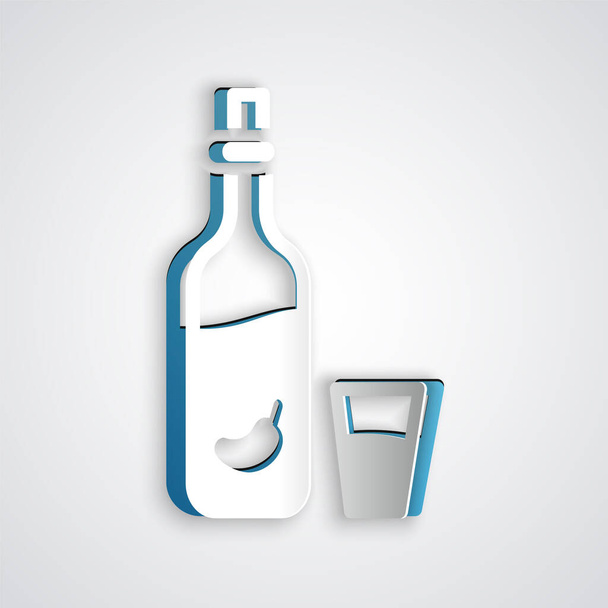 Papiergeschnittener Wodka mit Pfeffer und Glassymbol isoliert auf grauem Hintergrund. Ukrainischer Nationalalkohol. Papierkunst. Vektor. - Vektor, Bild