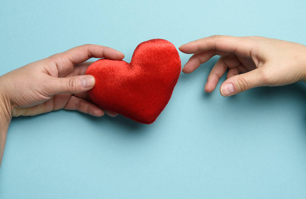 女性の手は男性の手のひらに赤い心臓を入れ青の背景。優しさ、寄付、トップビューの概念 - 写真・画像