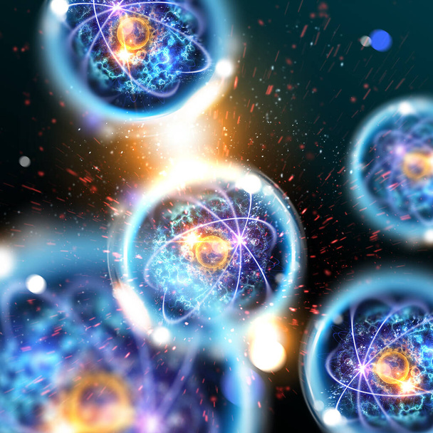 Lähikuva värikäs atomi hiukkasen taustan tieteen 3D-kuvitus - Valokuva, kuva