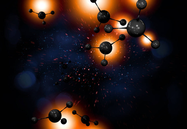 Primer plano de la colorida ciencia de fondo de partículas atómicas Ilustración 3D - Foto, imagen