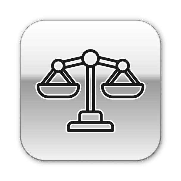 Fekete vonal Scales of Justice ikon elszigetelt fehér háttérrel. A bíróság szimbóluma. Mérlegtábla. Ezüst négyzet gomb. Vektor.. - Vektor, kép