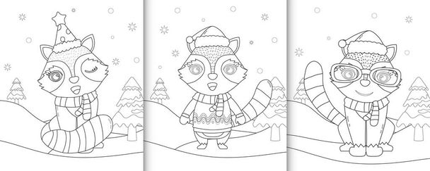 livre à colorier avec mignon raton laveur personnages de Noël - Vecteur, image