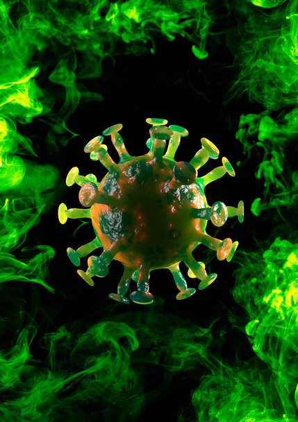 Coronaviruscellen in de lucht met groene dodelijke mist in de lucht 3D Illustratie - Foto, afbeelding