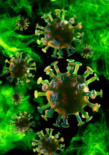 Airborne coronavirus cells with green deadly mist in the air 3D Illustration - Photo, Image