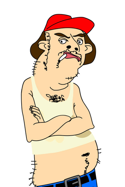 Smug en zelfverzekerde vieze dikke man met buikje die een sigarettenillustratie rookt - Foto, afbeelding