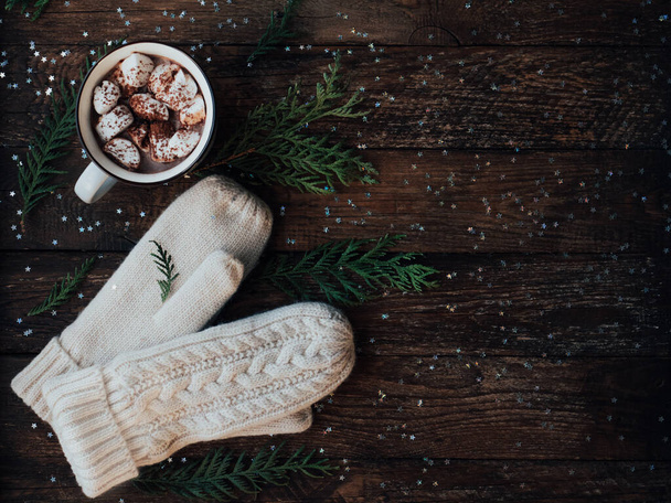 Blogcu hala hayatta. Kış dairesi eldivenli, kupa ise gümüş yıldızlı sıcak çikolatalı ve şekerli. Noel ve yeni yıl geçmişi. Üst görünüm, boşluğu kopyala. Sarılma konsepti - Fotoğraf, Görsel