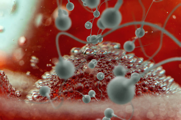 Schwimmende Spermien rennen um die Befruchtung einer fruchtbaren menschlichen Eizelle 3D-Illustration - Foto, Bild
