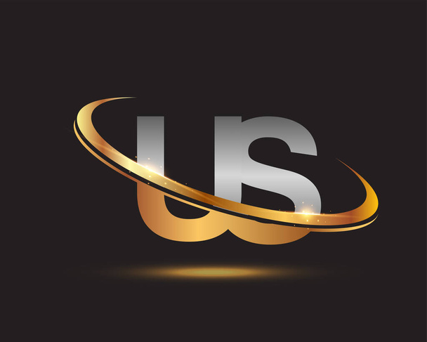 initial letter US logotype company name colored gold and silver swoosh design. isolated on black background. - Vector, imagen