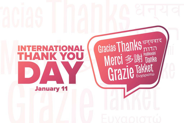 Міжнародний день вдячності. 11 січня. Напис "Дякую" різними мовами. Концепція святкового дня. Шаблон для фона, банера, карта с написом. Vector EPS10 ілюстрація. - Вектор, зображення