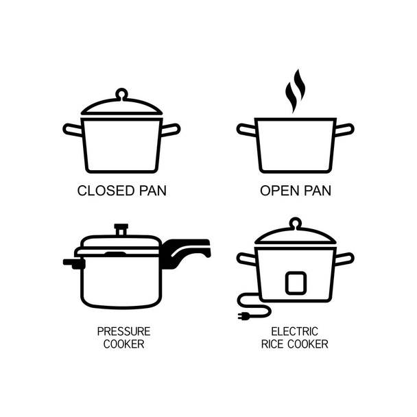 Διαφορετικοί τύποι οδηγιών μαγειρέματος ρυζιού. Κλειστό τηγάνι, ανοιχτό τηγάνι, χύτρα πίεσης και ηλεκτρική κουζίνα ρυζιού - Διάνυσμα, εικόνα