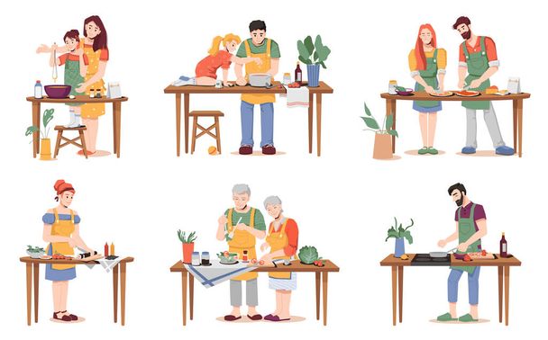Muži a ženy, děti, starší páry vaří večeři - Vektor, obrázek