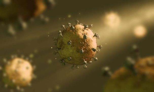 Coronavirus soluja kelluva sepiaa taustalla yksivärinen sävyjä, 3d kuva. Covid-19 infektio pandemia käsite, mikroskooppi suurennos. - Valokuva, kuva