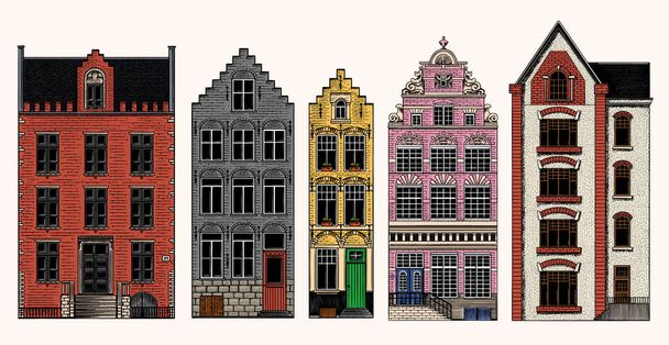 Amsterdamské domy. Městské obytné budovy. Skandinávský styl. Evropské město. Ručně kreslený monochromatický vektorový obrázek  - Vektor, obrázek