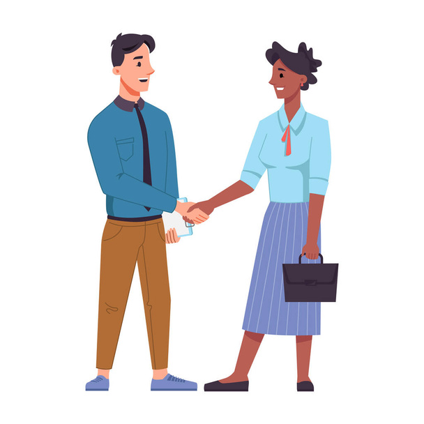 Multinational man and woman shaking hands isolated - Vector, Image
