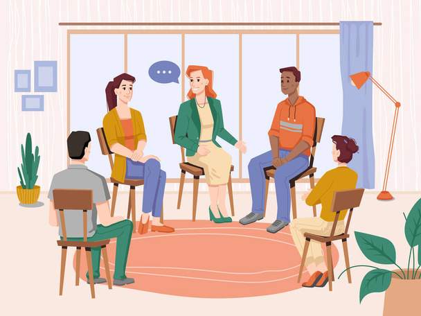 Psychotherapy, people group therapy with counselor - Vector, Image