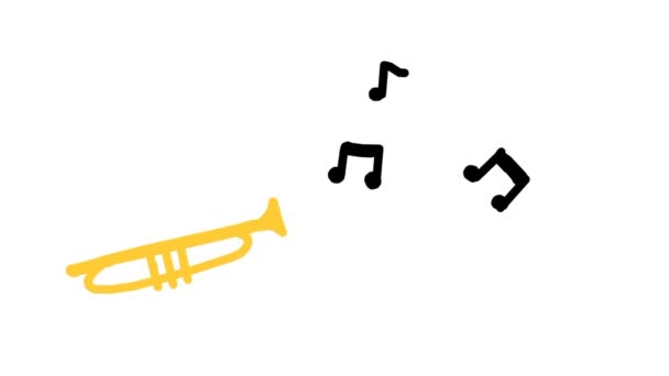 Trompeta dibujada a mano emitiendo notas musicales. Animación de música de dibujos animados. - Metraje, vídeo