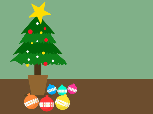 Kerstboom met een gouden ster aan de bovenkant en bollen - Vector, afbeelding