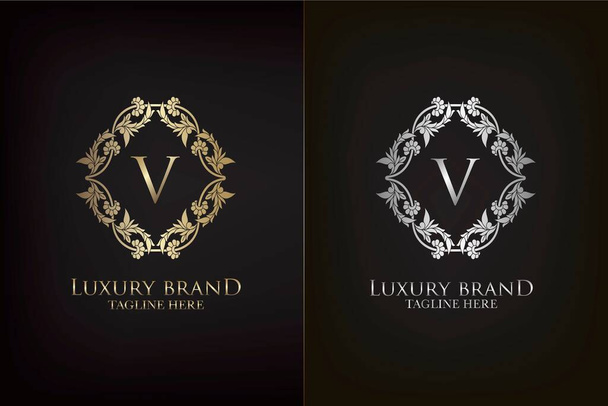 V Letter Luxury Frame Decoration Initial Logo, Elegance Gold and Silver Ornate Emblem Decorative Frame for wedding or boutique Logo identity Vector Design - Vector, Image