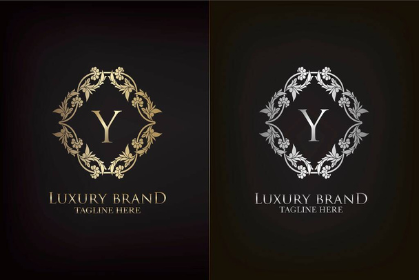 Décoration de cadre de luxe de lettre Y logo initial, cadre décoratif décoratif d'emblème d'or et d'argent d'élégance pour la conception vectorielle d'identité de logo de mariage ou de boutique - Vecteur, image