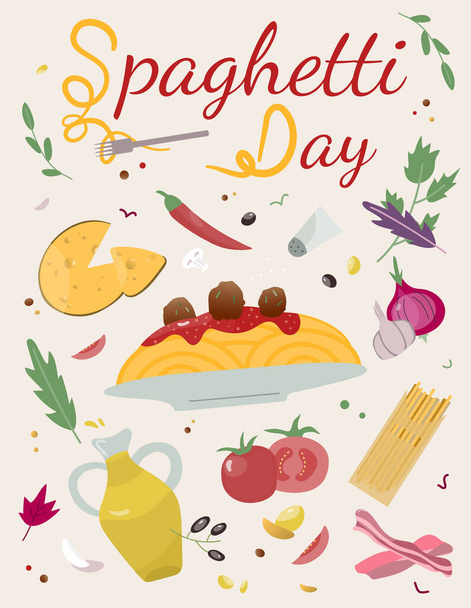 National spaghetti day vector illustration with pasta recipe for card, banner, poster, menu background. Hand drawing lettering, with stylized letters looks like spaghetti on a fork. - Vector, Image