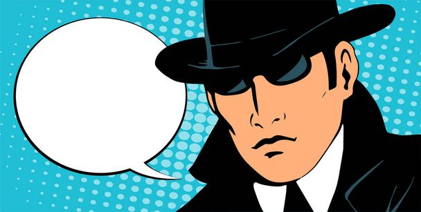 Man detective investigating. Dressed in a retro raincoat and hat. Wearing black glasses. Place for text. Vector retro illustration in pop art style. - Vector, Image