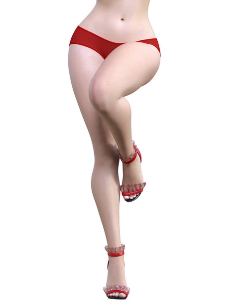 3D Красивые сексуальные женские ноги красные брюки и sandals.Woman студия photography.High heel.Conceptual моды art.Seductive откровенные pose.Render изолированные иллюстрации.Summer интимной одежды - Фото, изображение