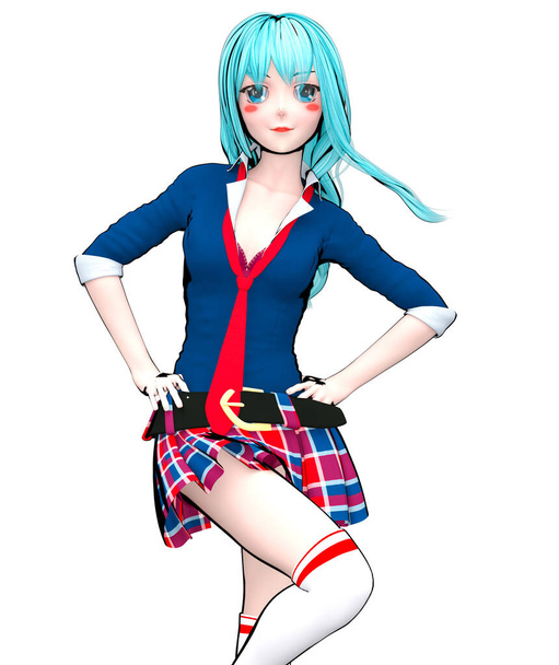 3D sexy anime doll japanese schoolgirl big blue eyes and bright makeup.Skirt cage.Cartoon, comics, sketch, drawing, manga illustration.Conceptual fashion art.Isolate render illustration - Фото, изображение