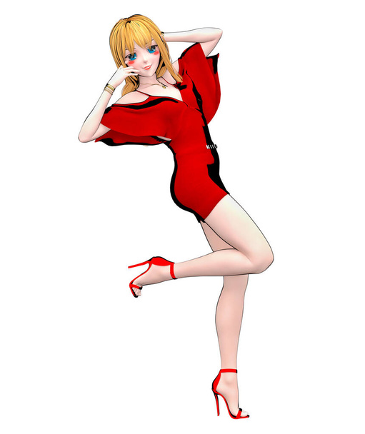 3D render sexy anime doll japanese girl big blue eyes bright makeup.Red jumpsuit.Cartoon, comics, sketch, drawing, manga isolated illustration.Conceptual fashion art. - Photo, image