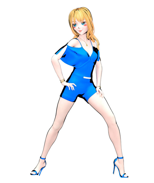 3D rendere sexy anime bambola ragazza giapponese grandi occhi blu trucco luminoso.blu jumpsuit.Cartoon, fumetti, schizzo, disegno, manga isolato illustrazione.Concettuale arte della moda. - Foto, immagini