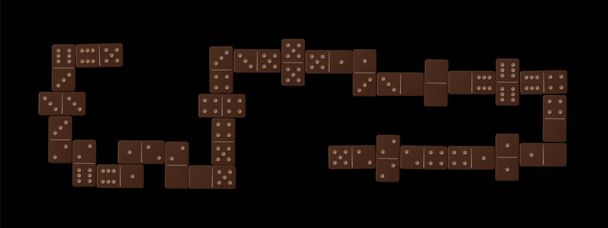 Domino γραμμή μετά το τέλος του παιχνιδιού, πλήρες σετ παιχνιδιών με 28 σκούρα καφέ ξύλινα κεραμίδια. Μεμονωμένη διανυσματική απεικόνιση σε μαύρο φόντο. - Διάνυσμα, εικόνα