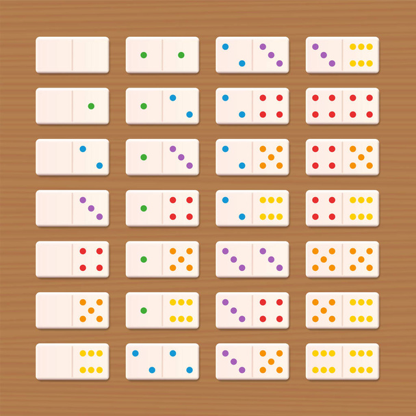 Domino set, white tiles with colored dots - complete game set, collection of 28 arranged pieces. Vector illustration on wooden background. - Vector, Image