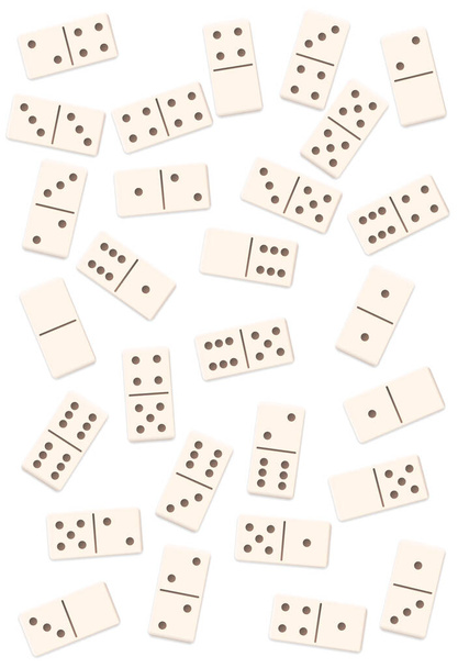 Verspreide dominostenen, geschud, door elkaar geschud, losjes gerangschikt rommelige set van 28 witte tegels. Geïsoleerde vectorillustratie op witte achtergrond. - Vector, afbeelding