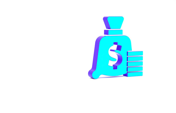 Türkiz Pénzeszsák ikon elszigetelt fehér háttérrel. Dollár vagy USD szimbólum. Készpénz Banking pénznem jel. Minimalizmus koncepció. 3d illusztráció 3D render. - Fotó, kép