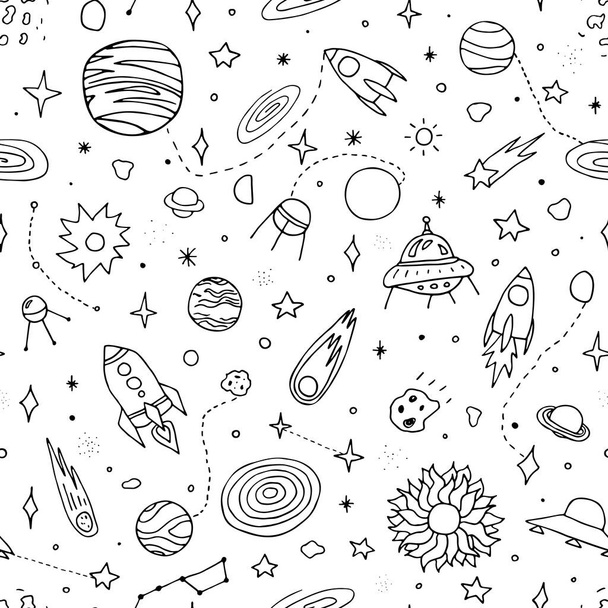 Seamless vector space doodle pattern. Planets, rockets, stars, comets, ufo, asteroid, constellations isolated on white background. Outline astronomical objects set. Vector childrens cute illustration - Vetor, Imagem