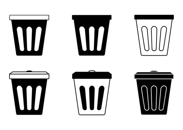 Çöp kutusu, plastik. Çöpler için toplama sepetleri. Çöp konteynırı. Ofis ya da tuvalet için gliften çöp kutuları. Çöp sepetlerinin basit siyah renkli simgeleri. Vektör çizimi izole edildi - Vektör, Görsel