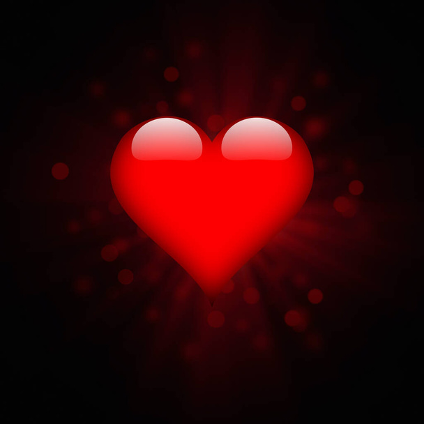 Valentine's Day background of a shining red heart and bokeh on black background - Photo, Image