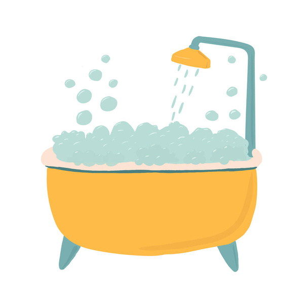 Baignoire avec bulles de savon en mousse et douche. Illustration vectorielle dessin à la main icône dessin animé. Concept d'être un propre - Vecteur, image