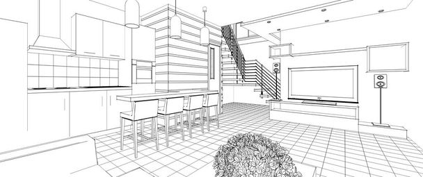 interiér kuchyně obývací pokoj 3d ilustrace - Fotografie, Obrázek