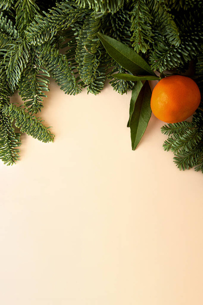 Beige verticale achtergrond met rand van kerstboom takken en mandarijn als symbool van nieuwjaar.Kopieer ruimte voor tekst, feestelijke natuurlijke lay-out. - Foto, afbeelding